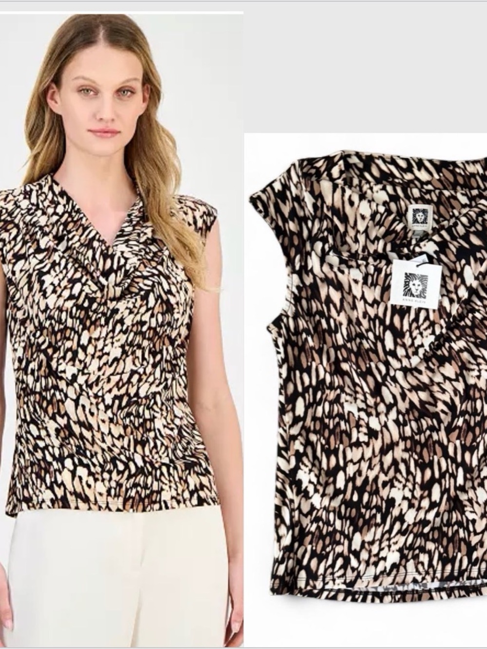 NWT Anne Klein Leopard Animal Print Sleeveless Cap Sleeve Blouse Top Size M